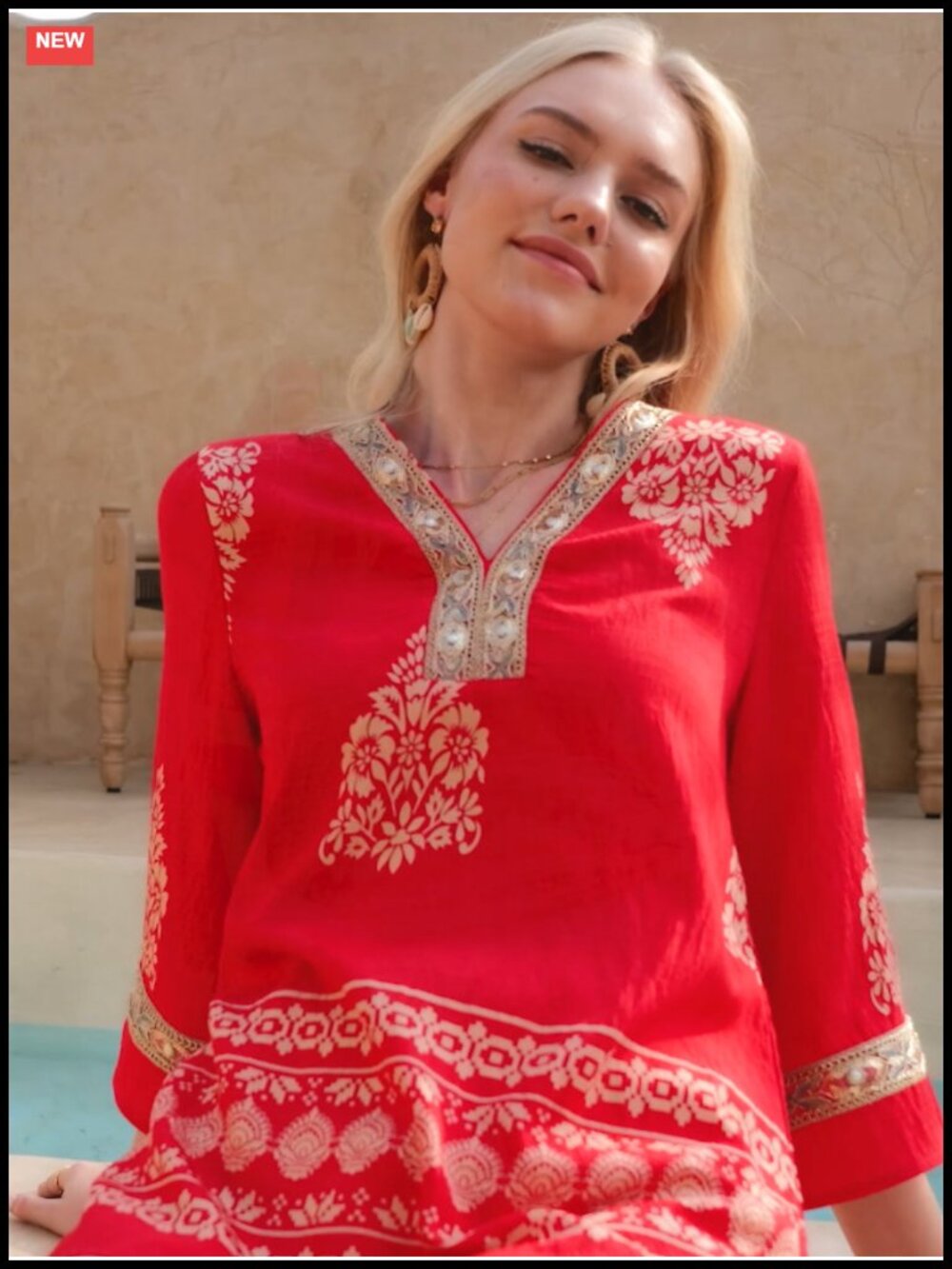 Boho 3/4 Bell Sleeve Embroidered V-Neck Tunic Blouse Gold Trim Dressy Casual - Picture 6 of 6